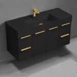 Nameeks DERIN1019 48 Inch Floating Bathroom Vanity With Black Sink - Modern, Matte Black, Gold Handles